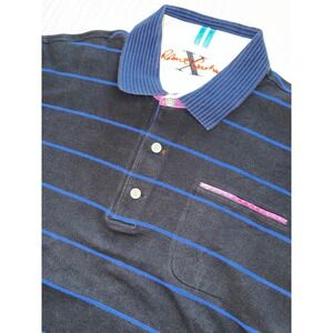 Robert Graham Polo Shirt Mens XL Black Blue Striped Short Sleeve Cotton Pocket